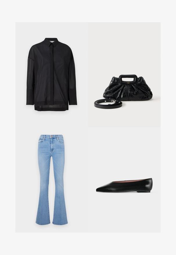 Schwarzes Langarmshirt mit Knopfkragen, transparenter Stoff, gerader Schnitt und subtiler Textur sowie einem frontalen Knopfdesign.; Helle blaue, aus Denim gefertigte, hoch taillierte Schlagjeans mit vorderen Taschen und einem dezenten, ausgewaschenen Look.; Schwarzer flacher Damenleder-Schuh mit spitzer Kappe und niedrigem Absatz, von der Seite auf einfarbigem hellgrauem Hintergrund gezeigt.; Kleine schwarze Lederhandtasche mit geraffter Textur, rechteckigem Griff und abnehmbarem dünnen Schulterriemen, der daneben liegt.