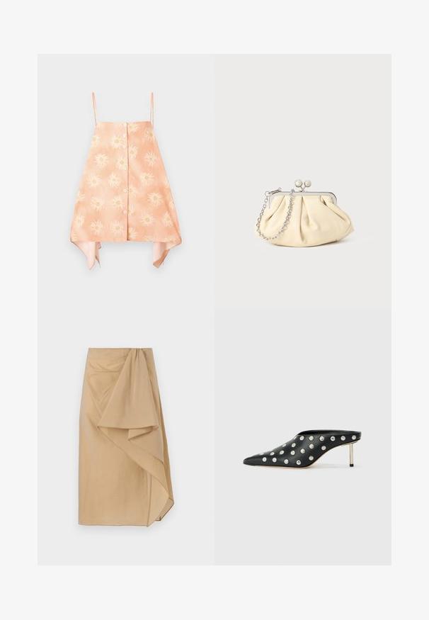 Haut sans manches de couleur pêche avec un devant à boutons, présentant un motif de soleil floral et un ourlet arrondi avec des accents de couleur contrastée.; Jupe enveloppante beige en tissu léger avec un drapé asymétrique, dotée d'une ceinture froncée et d'une texture lisse. Sans fermetures visibles.; STAND STUDIO KELSEY - Mules à talons - black; Pochette en cuir beige plissé avec un cadre en métal argenté, dotée de deux fermoirs ronds décoratifs et d'une chaîne en argent.