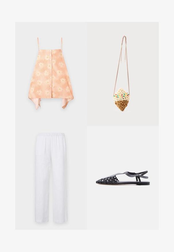 Haut sans manches de couleur pêche avec un devant à boutons, présentant un motif de soleil floral et un ourlet arrondi avec des accents de couleur contrastée.; ASPESI PANTALONE - Pantalon classique - white; Sandale plate noire avec bout pointu tissé, bride en T, sangle de cheville tressée et fermeture à boucle sur fond blanc uni.; Petit sac suspendu en forme de cornet de glace, fait de perles beige et marron avec des accents de perles colorées, sur un cordon fin torsadé.
