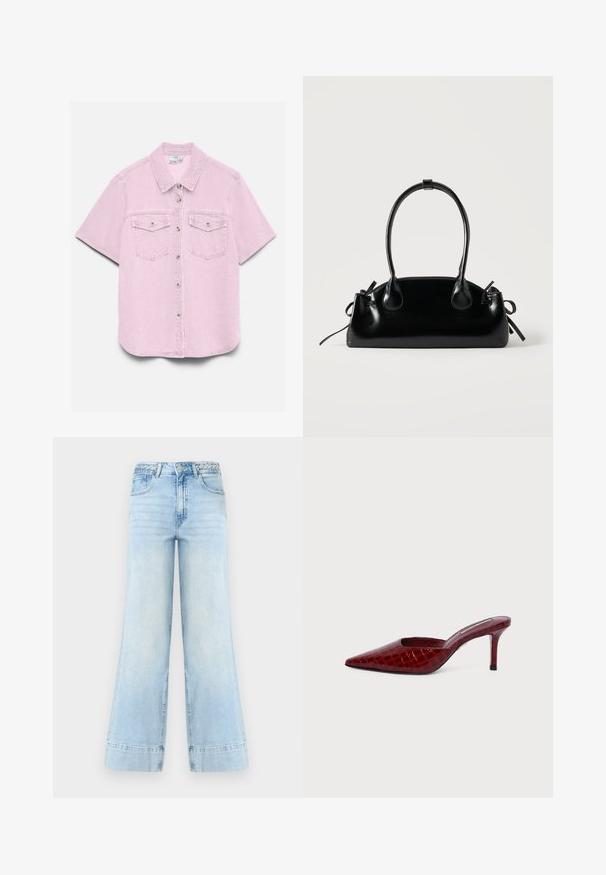 Chemise en denim rose clair à manches courtes, fermeture boutonnée devant, deux poches poitrine à rabat avec boutons, et col classique.; Jean large bleu clair à taille haute, passants de ceinture tressés, bouton frontal, fermeture éclair et deux poches sur fond blanc.; Mule rouge à talon haut avec bout pointu et finition brillante à texture croco sur fond blanc.; Petit sac à main noir brillant avec deux longues anses et des détails à cordon sur les côtés sur un fond clair uni.