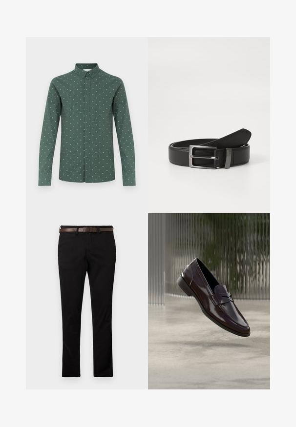 Chemise verte à manches longues avec un col boutonné, présentant un motif subtil de petits losanges bleu clair et un ourlet droit.; Pantalon noir slim associé à une ceinture en cuir marron foncé, stylisé pour un look épuré et moderne sur un fond clair uni.; Mocassins en cuir marron à finition brillante, avec une couture surélevée et un petit détail découpé à l'avant, ainsi qu'une semelle basse noire.; Ceinture en cuir noir avec une boucle en métal argenté, présentant une finition lisse et un design classique. La ceinture est soigneusement pliée.