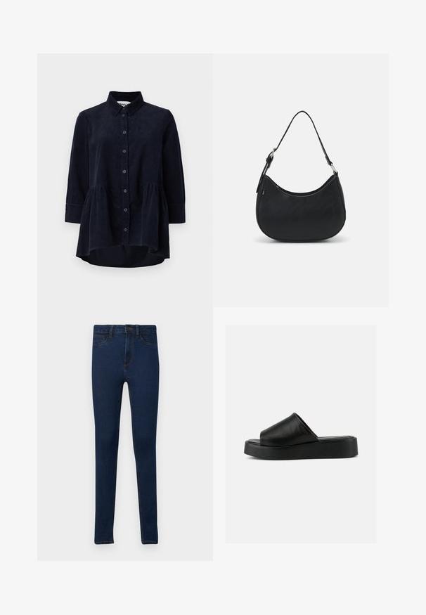 Marineblå kordfløjlsskjorte med knaplukning foran, krave og trekvartærmer. Har en peplum-stil samlet søm og blød tekstur.; Stramme jeans i mørkeblåt denim med en glat overflade, der har et klassisk fem-pockets design og kontrasterende guldsting.; Sort slip-on platform sandal med bredt læderoverdel og tyk sål, vist i sideprofil mod en ensartet grå baggrund.; Sort hobo taske lavet af glat læder med en buet silhuet, der har en enkelt justerbar skulderrem og minimalistiske designdetaljer.