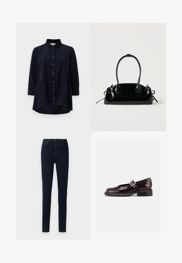 Marineblå kordfløjlsskjorte med knaplukning foran, krave og trekvartærmer. Har en peplum-stil samlet søm og blød tekstur.; Mørkeblå skinny jeans med frontknap, lynlås, bæltestropper og for- samt baglommer mod en ensfarvet hvid baggrund.; En enkelt blank mørk burgunder Mary Jane sko med bred rem og sølvspænde, lav blokhæle og rundet tå på hvid baggrund.; Lille sort blank håndtaske med to lange håndtag og snøre-detaljer i siden på en ensfarvet lys baggrund.