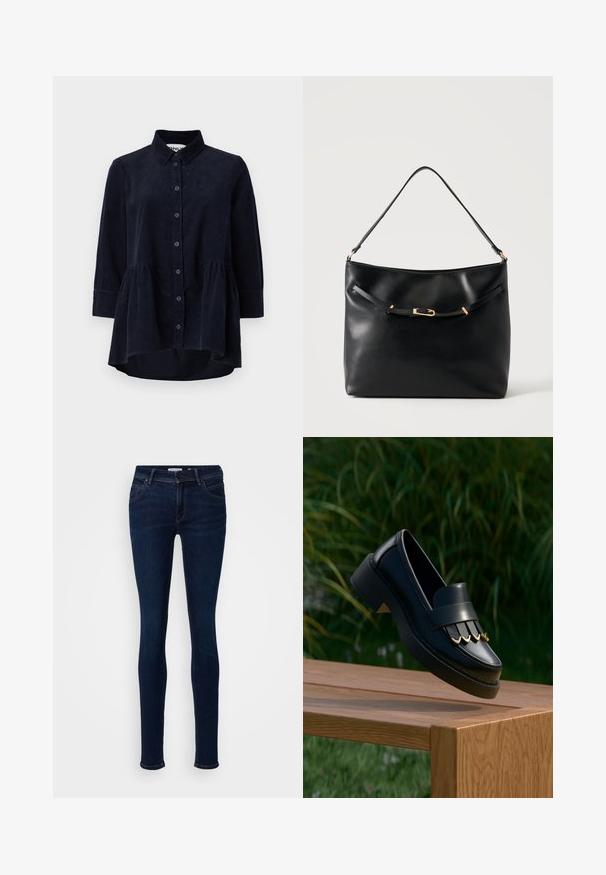 Marineblauwe corduroy blouse met een knoopsluiting aan de voorkant, kraag en driekwartmouwen. Bevat een peplum-stijl gerimpelde zoom en een zachte textuur.; Skinny jeans van donkerblauwe denimstof. Bevat vijf zakken, een knoopsluiting en subtiele stikseldetails langs de naden.; Zwarte leren loafer met gouden decoratieve accenten zwevend boven een houten tafel, groene bladeren op de achtergrond.; Zwarte leren schoudertas met een enkele band en een klein gouden gespsdetail aan de voorkant tegen een effen lichte achtergrond.
