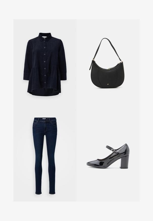 Marineblå kordfløjlsskjorte med knaplukning foran, krave og trekvartærmer. Har en peplum-stil samlet søm og blød tekstur.; Smaljeans i mørkeblå denimstof. Har fem lommer, knaplukning og diskrete syninger langs sømmene.; Sorte patenterede læder højhælede sko med rund tå, ankelrem og blok hæl. Skinnende overflade med en glat tekstur.; Sort læderhåndtaske med en buet form, struktureret overflade, forreste syninger og et logo i guldfarve. Har en enkelt justerbar rem.