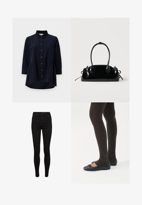 Marineblauwe corduroy blouse met een knoopsluiting aan de voorkant, kraag en driekwartmouwen. Bevat een peplum-stijl gerimpelde zoom en een zachte textuur.; Zwarte denim skinny jeans met een hoge taille, vijf-pocket ontwerp, riemlussen en subtiele stikdetails. Glad textuur, figuurvormende pasvorm.; Benen met donkere geribbelde leggings gecombineerd met zwarte ballerina's met kleine strikdetails op een witte achtergrond.; Kleine zwarte glanzende handtas met twee lange hengsels en zijkant trekkoord details op een effen lichte achtergrond.