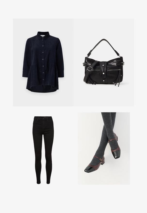 Marineblaues Cordhemd mit Knopfleiste, Kragen und Dreiviertelärmeln. Merkmale sind ein taillierter, geraffter Saum und eine weiche Textur.; Schwarze Skinny-Jeans aus Denim mit hoher Taille, Fünf-Taschen-Design, Gürtelschlaufen und subtilen Nähdetails. Glatte Textur, figurbetonte Form.; Burgunderfarbene Leder-Mary-Jane-Schuhe mit einer schwarzen Lack-Zehenkappe und dünnem Knöchelriemen; getragen mit dunkelgrauen gerippten Socken. Niedriger Blockabsatz.; Even&Odd by Zalando H24462 - Handtasche - black