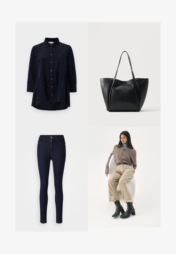 Marineblå kordfløjlsskjorte med knaplukning foran, krave og trekvartærmer. Har en peplum-stil samlet søm og blød tekstur.; Mørkeblå skinny jeans lavet af denim, med lynlås og knaplukning, samt kontraststing langs sømmene.; Kvinde med langt sort hår, der læner sig op ad en hvid buet stol iført en taupe bluse, beige bukser, sort bælte og sorte ankelstøvler med hæl.; Sort lædertaske med to lange håndtag og en let buet topkant, vist mod en ensfarvet lys baggrund.