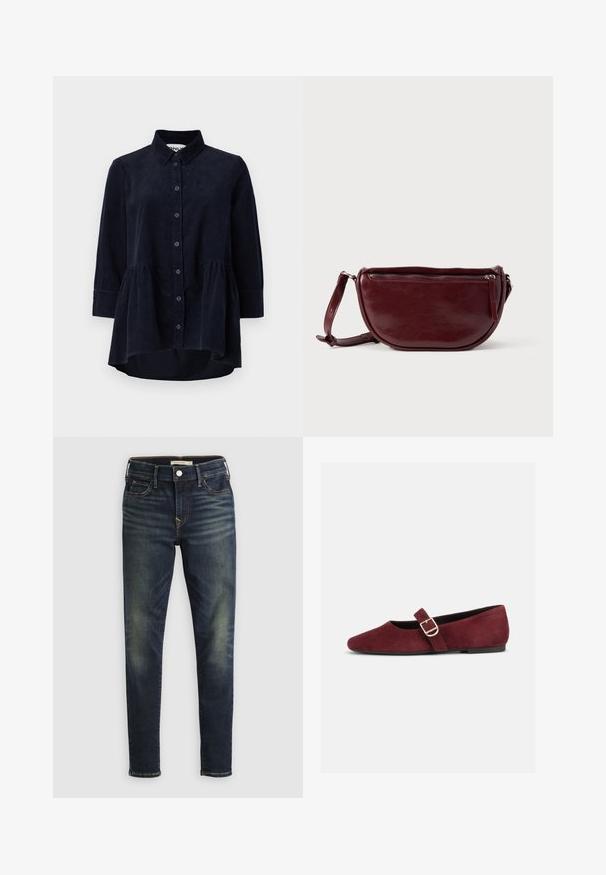 Marineblå kordfløjlsskjorte med knaplukning foran, krave og trekvartærmer. Har en peplum-stil samlet søm og blød tekstur.; Mørkeblå, slanke jeans med falming på lår og knæ, fem-lomme design, knaplukning og bæltestropper.; Flad burgundy ruskind Mary Jane-sko med guldspænde og sort sål, vist fra siden på hvid baggrund.; Vinrød læderhåndtaske med halvmåneform, lynlås og aftagelig rem. Glat tekstur med en subtil glans.