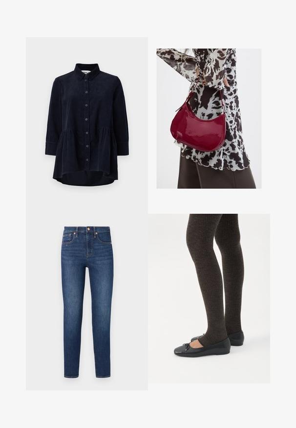 Marineblauwe corduroy blouse met een knoopsluiting aan de voorkant, kraag en driekwartmouwen. Bevat een peplum-stijl gerimpelde zoom en een zachte textuur.; GAP SKINNY HAVEL - Jeans Skinny Fit - dark wash; Benen met donkere geribbelde leggings gecombineerd met zwarte ballerina's met kleine strikdetails op een witte achtergrond.; Vrouw met een zwart-wit gebloemde blouse houdt een glanzende rode schoudertas vast tegen een effen achtergrond.