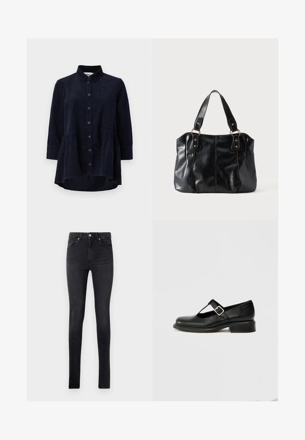 Marineblauwe corduroy blouse met een knoopsluiting aan de voorkant, kraag en driekwartmouwen. Bevat een peplum-stijl gerimpelde zoom en een zachte textuur.; Zwarte slim-fit denim jeans met vijf zakken en een knoopsluiting in de taille, tentoongesteld tegen een effen witte achtergrond.; Zwarte leren Mary Jane schoen met een ronde neus, T-band ontwerp, verstelbare gesp en een laag gestapeld hakje. Gladde textuur met minimale details.; Zwarte leren schoudertas met dubbele bandjes bevestigd met gouden ringen en klinknagels, glad en licht glanzend oppervlak, eenvoudig ontwerp.