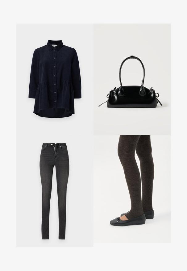 Marineblå kordfløjlsskjorte med knaplukning foran, krave og trekvartærmer. Har en peplum-stil samlet søm og blød tekstur.; Sorte højtaljede skinny jeans lavet af denim, med lynlås, fem-lomme design og glat tekstur med let falmning.; Ben iført mørke ribbede leggings kombineret med sorte balletsko med små sløjfedetaljer på hvid baggrund.; Lille sort blank håndtaske med to lange håndtag og snøre-detaljer i siden på en ensfarvet lys baggrund.