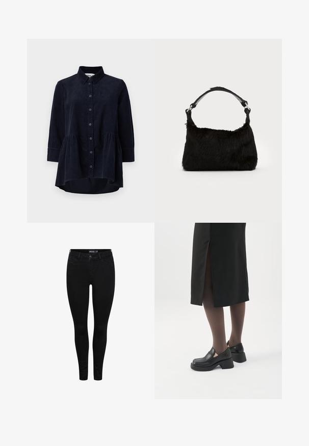Marineblaues Cordhemd mit Knopfleiste, Kragen und Dreiviertelärmeln. Merkmale sind ein taillierter, geraffter Saum und eine weiche Textur.; Pieces PCDELLY - Jeans Skinny Fit - black denim; Frau trägt schwarze Loafers mit klobigem Absatz, schwarze transparente Strumpfhosen und einen schwarzen Rock mit Schlitz hinten vor weißem Hintergrund.; Schwarze Kunstfell-Handtasche mit weicher Textur, runder Form und einem stabilen schwarzen Leder-Schulterriemen. Sichtbare silberne Hardware-Akzente.