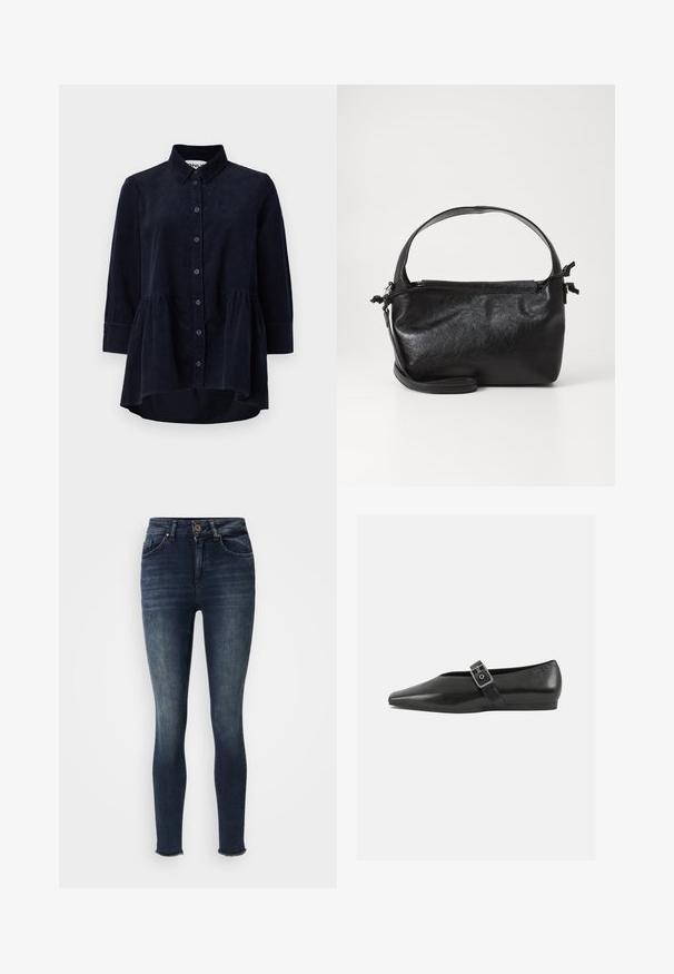 Marineblå kordfløjlsskjorte med knaplukning foran, krave og trekvartærmer. Har en peplum-stil samlet søm og blød tekstur.; Mørkeblå skinny jeans med frontknap- og lynlåslukning, fem-lommemodel, let slidser på lår og knæ, og uslebne kanter ved anklerne.; Sorte læder flade sko med spidse tæer, prydet med en metallisk spænde over vristen og en lav, fleksibel sål.; Sort læderhåndtaske med et struktureret design, rund tophåndtag og aftagelig skulderrem. Den har en glat tekstur og en subtil glans.