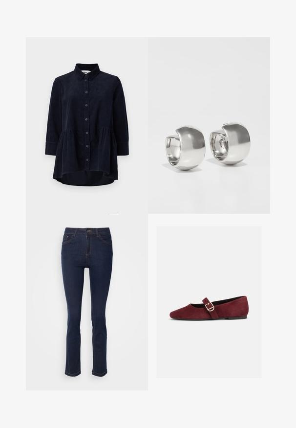 Marineblaues Cordhemd mit Knopfleiste, Kragen und Dreiviertelärmeln. Merkmale sind ein taillierter, geraffter Saum und eine weiche Textur.; Dunkelblaue Jeans im Slim Fit mit einer mittelhohen Taille, fünf Taschen und kontrastierenden Nähten. Der Stoff hat eine glatte, leicht strukturierte Oberfläche.; Flacher burgunderfarbener Wildleder-Mary-Jane-Schuh mit goldenem Schnallenriemen und schwarzer Sohle, von der Seite auf weißem Hintergrund gezeigt.; Uncommon Matters SCULPTURAL LARGE CREOLE - Ohrringe - silver-coloured
