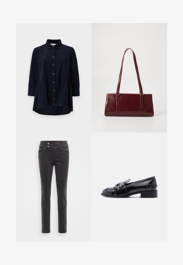 Marineblauwe corduroy blouse met een knoopsluiting aan de voorkant, kraag en driekwartmouwen. Bevat een peplum-stijl gerimpelde zoom en een zachte textuur.; Zwarte corduroy slim-fit broek met een gladde textuur, voorzien van een dubbele knoop in de taille en voorzakken. Klassiek ontwerp voor veelzijdig gebruik.; Zwarte lakleren loafer met twee zilveren gespen, lage blokhak en ronde neus, gezien vanaf de rechterkant op een witte achtergrond.; Bourgondische handtas van glanzend materiaal, rechthoekige vorm, met twee schouderbanden en subtiele gebogen accenten aan de voorkant.