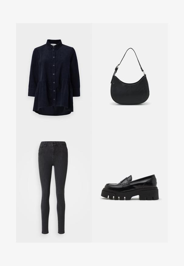 Marineblaues Cordhemd mit Knopfleiste, Kragen und Dreiviertelärmeln. Merkmale sind ein taillierter, geraffter Saum und eine weiche Textur.; Schwarze, schmale Jeans aus Denim. Mit High Waist, Reißverschluss und Knopfverschluss sowie fünf Taschen. Glatte Textur, ohne Verzierungen.; Schwarze Lederloafer mit einer massiven, strukturierten Plateausohle und einem dekorativen Riemen über dem Obermaterial. Glatte, glänzende Oberfläche.; Schwarze Hobo-Tasche aus glattem Leder mit einer geschwungenen Silhouette, ausgestattet mit einem einzelnen verstellbaren Trageriemen und minimalistischem Design.