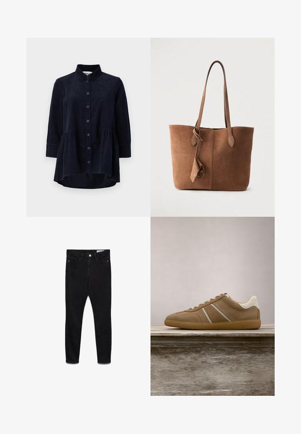 Marineblauwe corduroy blouse met een knoopsluiting aan de voorkant, kraag en driekwartmouwen. Bevat een peplum-stijl gerimpelde zoom en een zachte textuur.; Zwarte high-waist skinny jeans met knoop en ritssluiting aan de voorkant, twee voorzakken en twee achterzakken, plat uitgespreid op een witte achtergrond.; Bruine leren sneaker met witte accenten, platte veters en een textuurbovenwerk. Lichtgewicht ontwerp en gumrubberen zool. Klassieke sportieve stijl.; Bruine suède totebag met twee schouderbanden, een eenvoudig ontwerp en een zijflammendetail. Gladde textuur en gestructureerde vorm.