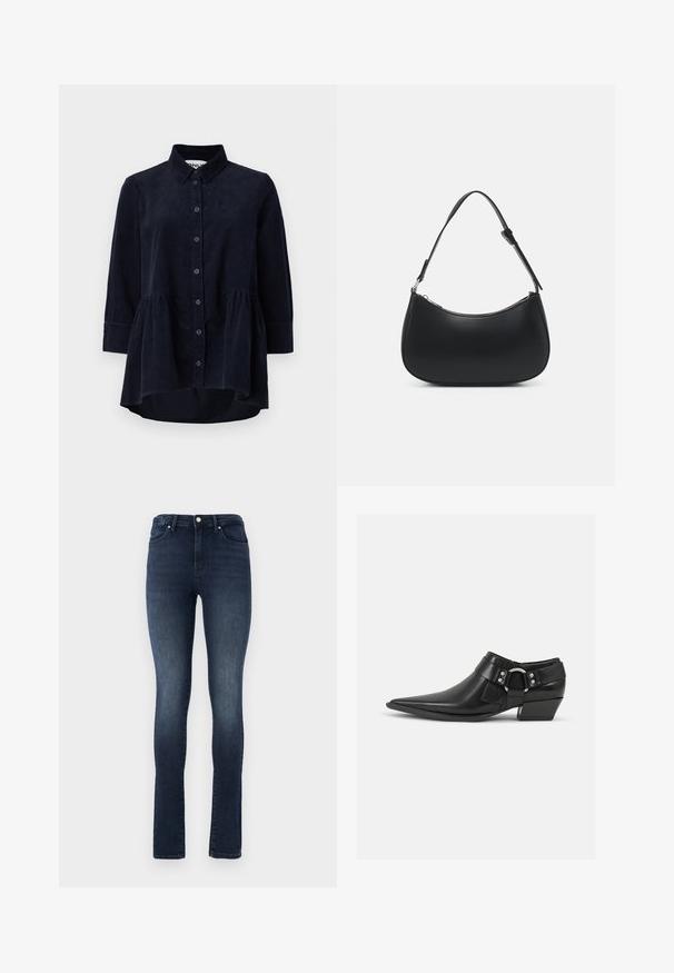 Marineblauwe corduroy blouse met een knoopsluiting aan de voorkant, kraag en driekwartmouwen. Bevat een peplum-stijl gerimpelde zoom en een zachte textuur.; Donker gewassen denim jeans met een slim fit, hoge taille, vijf zakken ontwerp en metalen knoopsluiting. Gladde textuur met lichte vervaging.; Zwarte leren enkellaarzen met een spitse neus, voorzien van een leren band aan de voorkant en een zilveren gesp detail, en een lage, blokhak.; Pieces PCALUANA SHOULDER BAG - Handtas - black