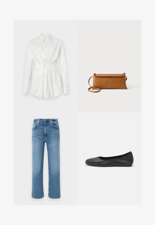 Valge nööpidega särk pikade varrukatega, kitsa talje detailiga ja läikiva vöökinnitusega. Valmistatud siledast, kergekaalulisest kangast.; Keskmise sinise värviga, sirgedega denim püksid kõrge vöökohaga, ees nupuga ja viie tasku stiilis, ühetaolisel taustal.; Musthave mustika tantsutossud mustast nahast, ümmarguse varbaga, siledast tekstuurist, minimaalse õmblusdetailiga ja paindliku tallakujundusega.; Pruun nahast käekott, ristkülikukujuline, tekstuuriga pind, eemaldatav rihm, lukuga sulgemine, peen logo pressitud esipinnale.