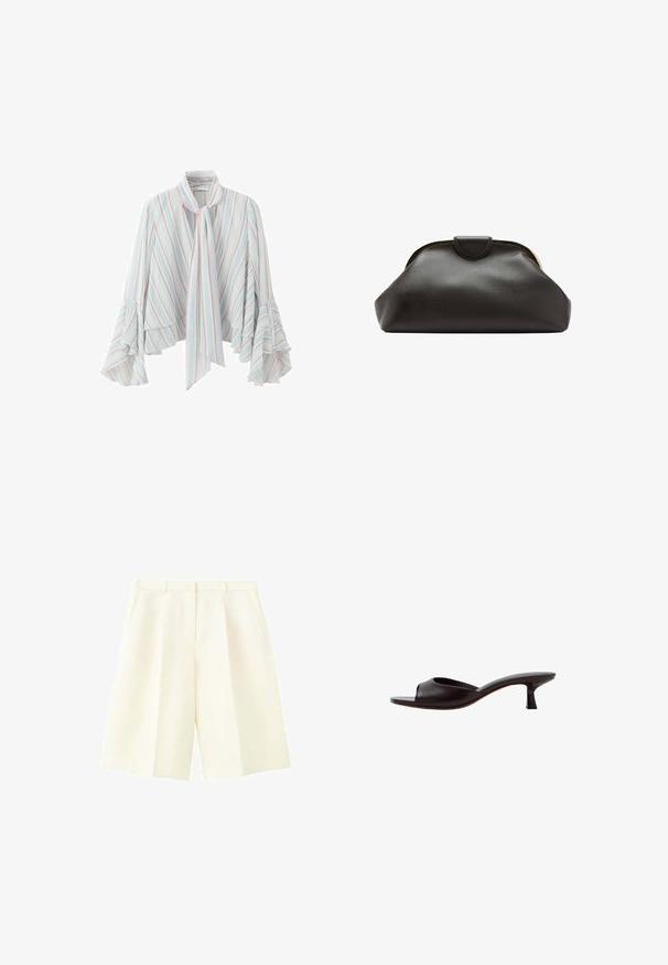 Blouse bleu clair avec des rayures pastel verticales, manches longues évasées à volants, col montant et un long lien noué à l'avant.; Shorts cintrés couleur crème taille haute avec passants de ceinture, plis devant et poches latérales, présentés sur fond blanc.; Sandale mule noire à bout ouvert avec un talon bas courbé et une tige en cuir lisse sur fond blanc.; Pochette en cuir noir souple avec un cadre arrondi et une petite fermeture à languette en haut au centre.