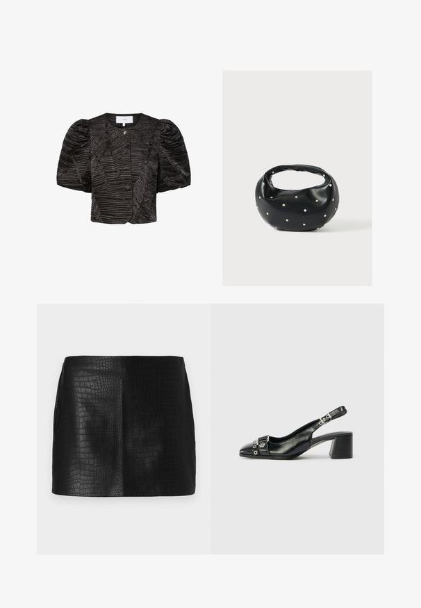 Zwarte cropped jas met geplooide mouwen, met een gestructureerd, geplooid ontwerp. Sluiting met een klein metalen accent, gladde stofafwerking.; Zwarte neplederen mini-rok met een tekstuur van krokodillenpatroon, met een gladde afwerking en een getailleerde vorm zonder zichtbare hardware.; Zwart leren slingback hak met een spitse neus, eenTextuur strap met cirkelvormige metalen accenten en een gestapelde blokhak.; Zwarte leren handtas met een afgeronde vorm, versierd met zilveren studs, en een korte handgreep. Gladde textuur en ritsluiting.