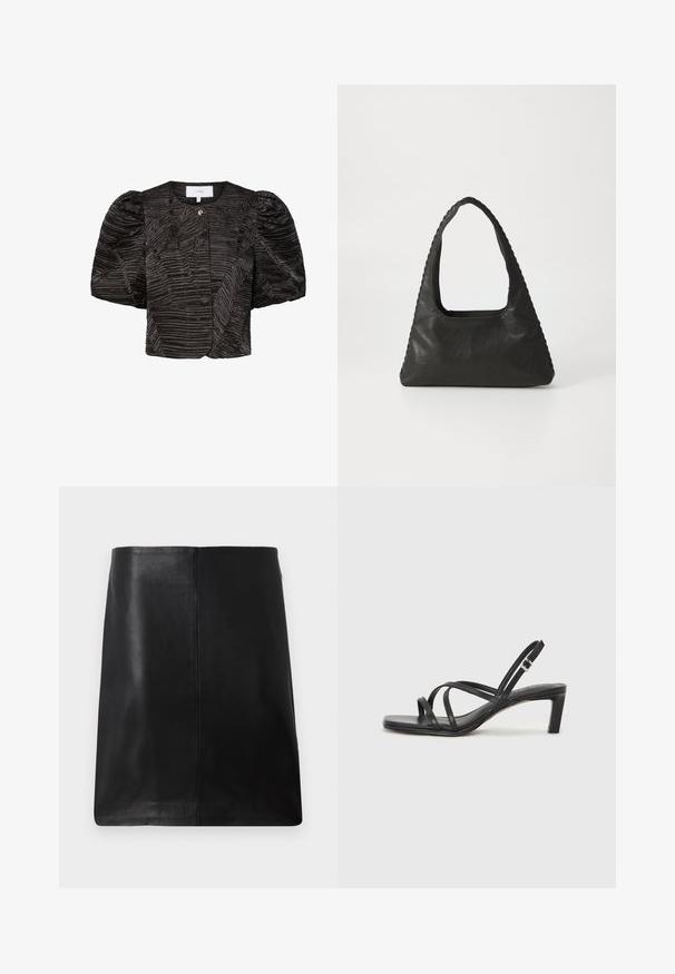 Zwarte cropped jas met geplooide mouwen, met een gestructureerd, geplooid ontwerp. Sluiting met een klein metalen accent, gladde stofafwerking.; Zwarte leren mini-jurk met een rechte snit, een gladde textuur en minimale stikseldetails. Geen zichtbare hardware of versieringen.; Zwarte sandaal met bandjes, vierkante teen en een lage blokhak. Voorzien van meerdere dunne bandjes en een verstelbare enkelband. Gemaakt van zacht leer.; Zwart leren handtas met een triangulaire vorm, een grote uitsparingshandgreep en gedetailleerde stiksels langs de randen. Glad textuur.