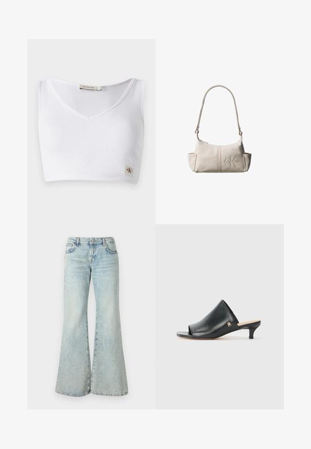 Bralette blanco con relieve que presenta un escote en V, tirantes anchos y una pequeña etiqueta con el logo en el dobladillo. Fabricado con un tejido suave y elástico.; Jeans acampanados de un azul claro, hechos de denim, con una cintura alta, bolsillos y dobladillos deshilachados. La tela presenta un lavado desvanecido y una textura sutil.; Mules de cuero negro de punta abierta con un tacón bajo. Presentan una superficie lisa y un acento del logo dorado en el costado.; Pequeña bolsa de hombro de cuero beige con correa ajustable y logotipo de Calvin Klein en relieve en el centro delantero.