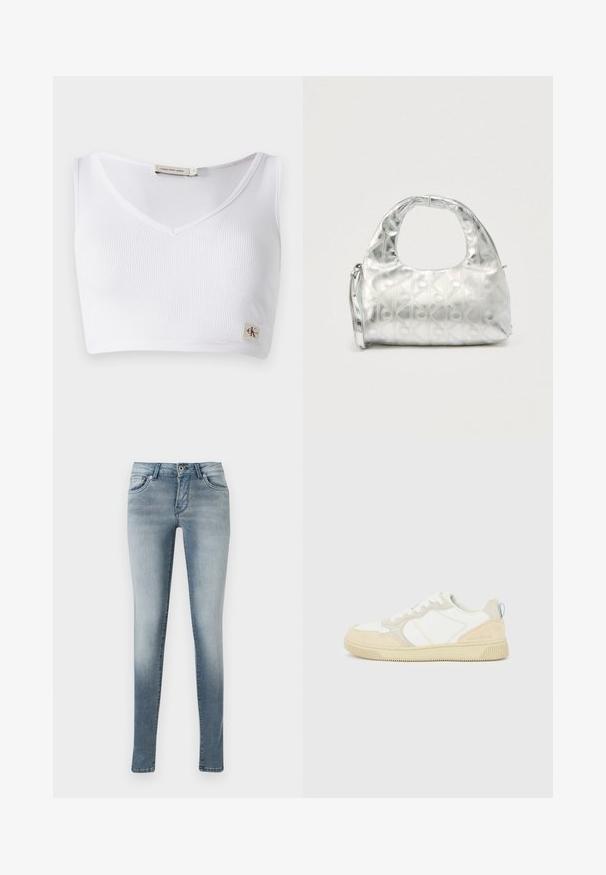 Weißes, geripptes Bralette mit V-Ausschnitt, breiten Schulterträgern und einem kleinen Logofähnchen am Saum. Hergestellt aus einem weichen, elastischen Material.; Hellblaue Skinny Jeans aus Denim, mit einem Fünf-Taschen-Design, Knopf- und Reißverschluss sowie einem leichten Verblassungseffekt an den Beinen.; Weißer und beiger Sneaker mit Obermaterial aus Wildleder und Textil, kontrastierenden Nähten, einer Gummisohle und einem hellblauen Akzent an der Ferse.; Silberne Handtasche mit einem strukturierten Muster aus geometrischen Formen und Kreisen, ausgestattet mit einem abgerundeten Griff und einem abnehmbaren Schulterriemen.