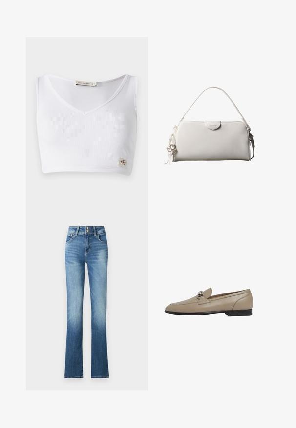Weißes, geripptes Bralette mit V-Ausschnitt, breiten Schulterträgern und einem kleinen Logofähnchen am Saum. Hergestellt aus einem weichen, elastischen Material.; Blaue Jeans mit weitem Bein und hoher Taille, mit leichtem Ausbleichen, zwei Knöpfen und Seitentaschen. Der Stoff hat eine glatte Textur.; Beiger Lederloafer mit silberfarbenem Akzent, runder Spitze und flacher Sohle. Elegantes Design mit Stickdetails.; Weiße rechteckige Calvin Klein Handtasche mit einem einzelnen Henkel, minimalistischem Design und dekorativen Quasten mit geometrischem Metallanhänger an der Seite.