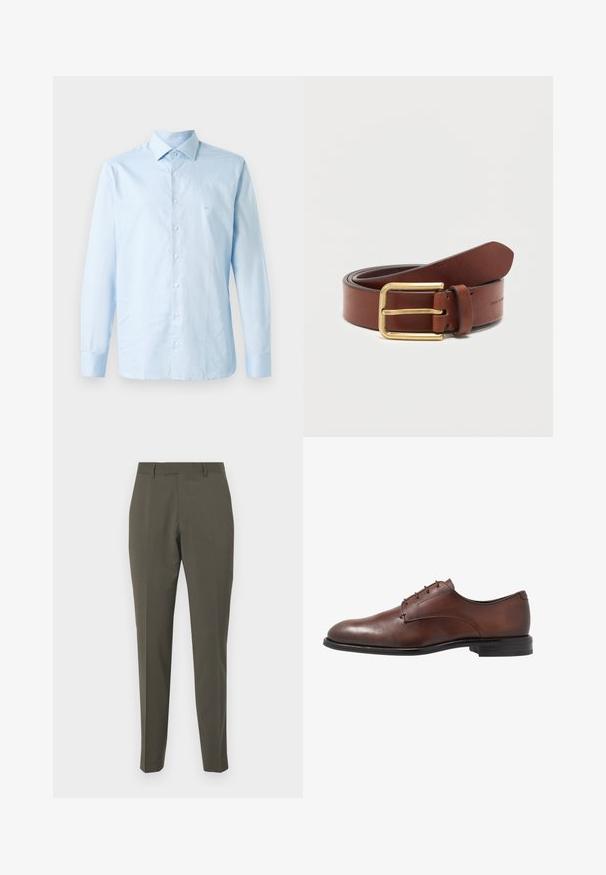 Camisa de manga larga azul claro hecha de algodón. Presenta un collar abotonado, una lista central de botones y un sutil acento de logo en el pecho.; Pantalones verdes oliva hechos de una tela suave, con un diseño a medida, pierna recta y passadores para cinturón. Sin patrones o detalles visibles.; Zapato de vestir de cuero marrón con un acabado liso, punta redonda, cuatro ojetes y un bajo tacón de goma negra. Diseño sencillo sin patrones.; Cinturón de cuero marrón con hebilla rectangular dorada, enrollado sobre un fondo blanco liso.