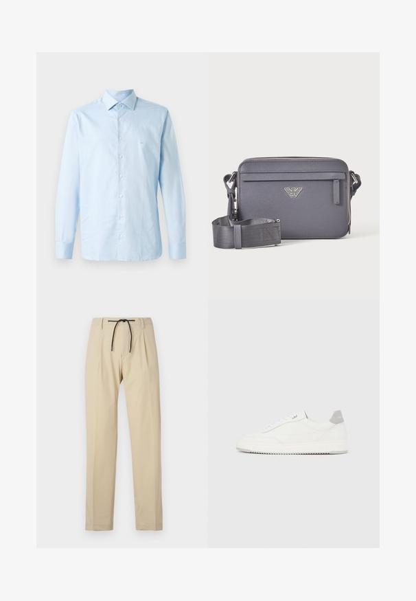 Camisa de manga larga azul claro hecha de algodón. Presenta un collar abotonado, una lista central de botones y un sutil acento de logo en el pecho.; Pantalones beige de corte recto, con cintura elástica ajustable, frontal con pliegues y textura suave. Diseño simple y versátil.; Zapatilla blanca de corte bajo con pestaña en el talón gris, cordones blancos y suela texturizada, presentada sobre un fondo claro y liso.; Bolso bandolera rectangular gris oscuro con correa ajustable, bolsillo frontal con cremallera y emblema de logo plateado.