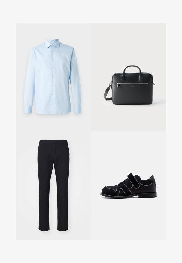 Lichtblauw langemouw overhemd van katoen. Voorzien van een button-down kraag, centrale knoopsluiting en een subtiele logo-accent op de borst.; Marineblauwe broek in een tailored snit, gemaakt van soepel materiaal. Bevat een vlakke voorkant, riemlussen en rechte pijpen met een schone zoom.; Zwarte herenschoenen met klittenbandsluiting, veters, suède- en lederen materialen, en een lage hak tegen een effen witte achtergrond.; Zwarte rechthoekige leren aktetas met dubbele handvatten, voorvak met rits en afneembare schouderriem tegen een effen lichte achtergrond.