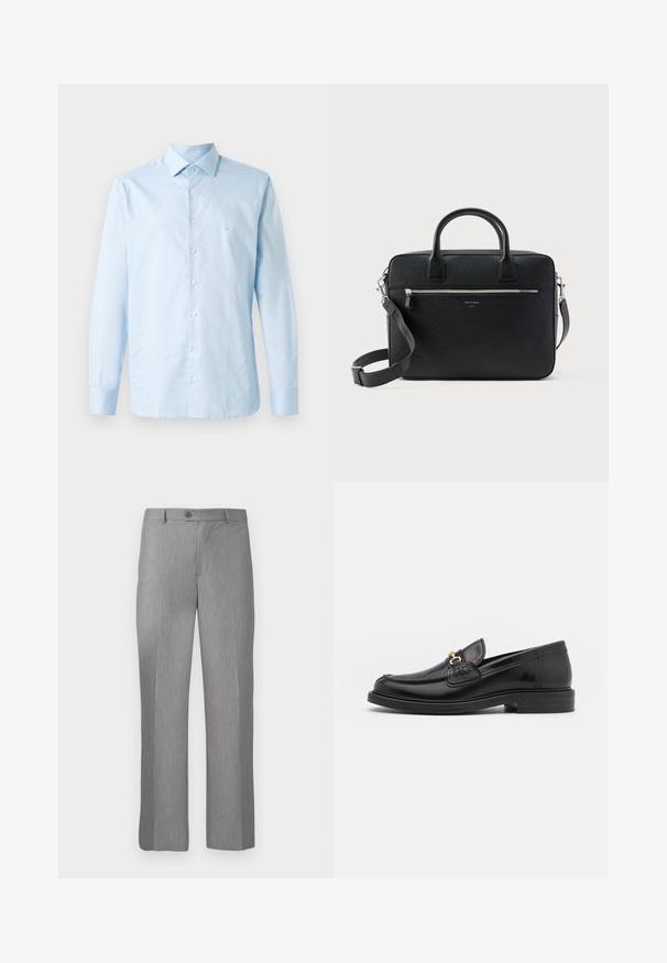 Camisa de manga larga azul claro hecha de algodón. Presenta un collar abotonado, una lista central de botones y un sutil acento de logo en el pecho.; Pantalones de traje grises ajustados con pasadores para cinturón, botón frontal y cremallera, con un corte de pierna recta.; Mocasines de cuero negro con punta redondeada, que cuentan con un detalle de herrajes dorados y costuras, situados sobre una suela de goma texturizada y baja.; Maletín rectangular de cuero negro con textura, con doble asa, bolsillo frontal con cremallera y correa de hombro ajustable, mostrado sobre fondo blanco.