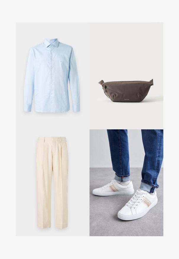 Helles blaugraues Langarmhemd aus Baumwolle. Verfügt über einen Button-Down-Kragen, eine zentrale Knopfleiste und ein dezentes Logo-Akzent auf der Brust.; NN.07 KAY - Stoffhose - off white; Weiße Leder-Sneaker mit mehrfarbigen Streifen, Schnürdesign, Gummisohle und gepolstertem Kragen, kombiniert mit blauen Jeans.; Dunkelbraune Stoff-Gürteltasche mit diagonalem Reißverschlussfach und kleinem weißen Logo vorne, vor einem einfarbigen hellen Hintergrund.
