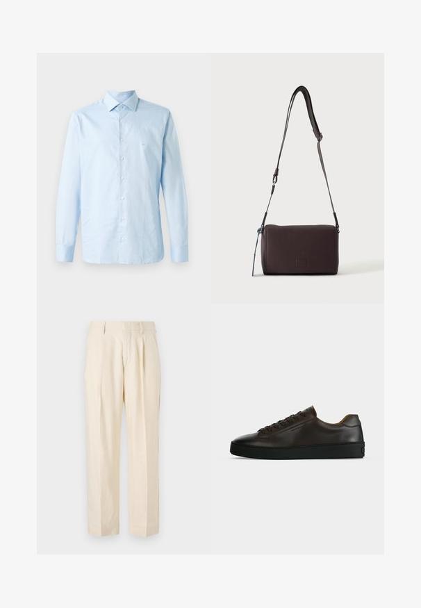 Camisa de manga larga azul claro hecha de algodón. Presenta un collar abotonado, una lista central de botones y un sutil acento de logo en el pecho.; NN.07 KAY - Pantalones - off white; Zapatilla de perfil bajo de cuero marrón oscuro con suela de goma negra, cierre de cordones y diseño liso y minimalista sobre un fondo claro.; Bolso bandolera de cuero marrón oscuro con textura, correa ajustable y pequeño adorno decorativo azul en el lateral.