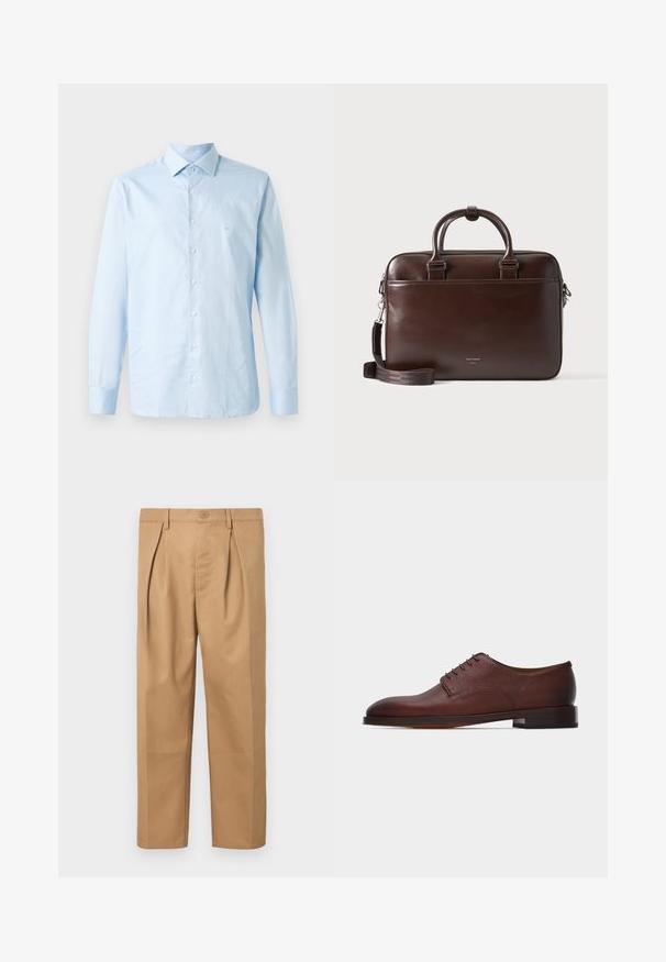 Lichtblauw langemouw overhemd van katoen. Voorzien van een button-down kraag, centrale knoopsluiting en een subtiele logo-accent op de borst.; Lichtbruine katoenen broek met een relaxte pasvorm, geplooid ontwerp, tailleband met knoopsluiting en recht modellende pijpen. Glad textiel zonder patronen.; Klassieke bruine leren Oxfordschoen voor heren met lage hak en gesloten veters, in profiel weergegeven tegen een effen lichte achtergrond.; Donkerbruine leren aktetas met dubbele handvatten en afneembare schouderriem, rechthoekige vorm, gladde textuur en voorvak.