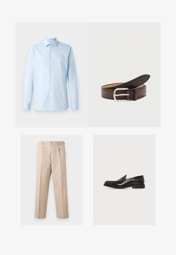 Lichtblauw langemouw overhemd van katoen. Voorzien van een button-down kraag, centrale knoopsluiting en een subtiele logo-accent op de borst.; Beige recht vallende broek met plooien, knoopsluiting, riemlussen en een getailleerde pasvorm.; Zwarte leren instaploafer met lage hak en gestikte details, zijlabel, op een effen witte achtergrond.; Donkerbruine leren riem opgerold met zilveren rechthoekige gesp op een witte achtergrond.