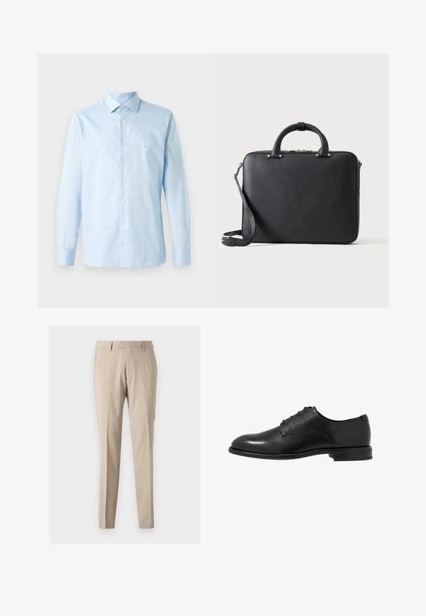 Lichtblauw langemouw overhemd van katoen. Voorzien van een button-down kraag, centrale knoopsluiting en een subtiele logo-accent op de borst.; Beige tapschoenen gemaakt van lichtgewicht stof, met voorplooien, twee zijzakken en een gladde textuur.; Zwarte leren dresschoen met een gladde afwerking, ronde neus, zes oogjes en een lage gestapelde hak. Eenvoudig, klassiek ontwerp.; Zwarte gestructureerde leren aktetas met dubbele handvatten, afneembare schouderriem en bovenste ritssluiting op een effen lichte achtergrond.