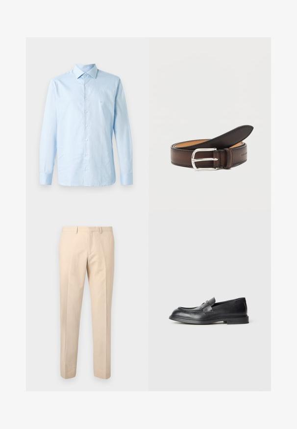 Helles blaugraues Langarmhemd aus Baumwolle. Verfügt über einen Button-Down-Kragen, eine zentrale Knopfleiste und ein dezentes Logo-Akzent auf der Brust.; Beige Slim-Fit-Hose mit Gürtelschlaufen, vorderem Reißverschluss und Bügelfalte, präsentiert vor einem hellgrauen Hintergrund.; Schwarze Lederloafer mit strukturierter Oberfläche, versehen mit einem dekorativen Frontriemen und einer abgerundeten Spitze. Gummisohle für Langlebigkeit.; Dunkelbrauner Ledergürtel, zusammengerollt, mit silberner rechteckiger Schnalle auf weißem Hintergrund.