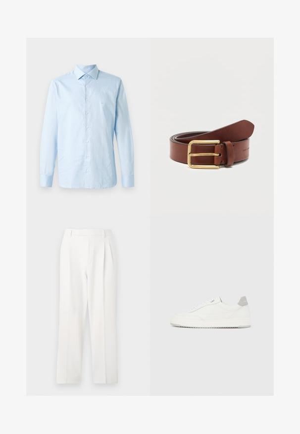 Camisa de manga larga azul claro hecha de algodón. Presenta un collar abotonado, una lista central de botones y un sutil acento de logo en el pecho.; Pantalones blancos a medida con un diseño de pierna recta, que presentan pliegues, un frente plano y una textura de tela suave. Sin bolsillos o adornos visibles.; Zapatilla blanca de corte bajo con pestaña en el talón gris, cordones blancos y suela texturizada, presentada sobre un fondo claro y liso.; Cinturón de cuero marrón con hebilla rectangular dorada, enrollado sobre un fondo blanco liso.
