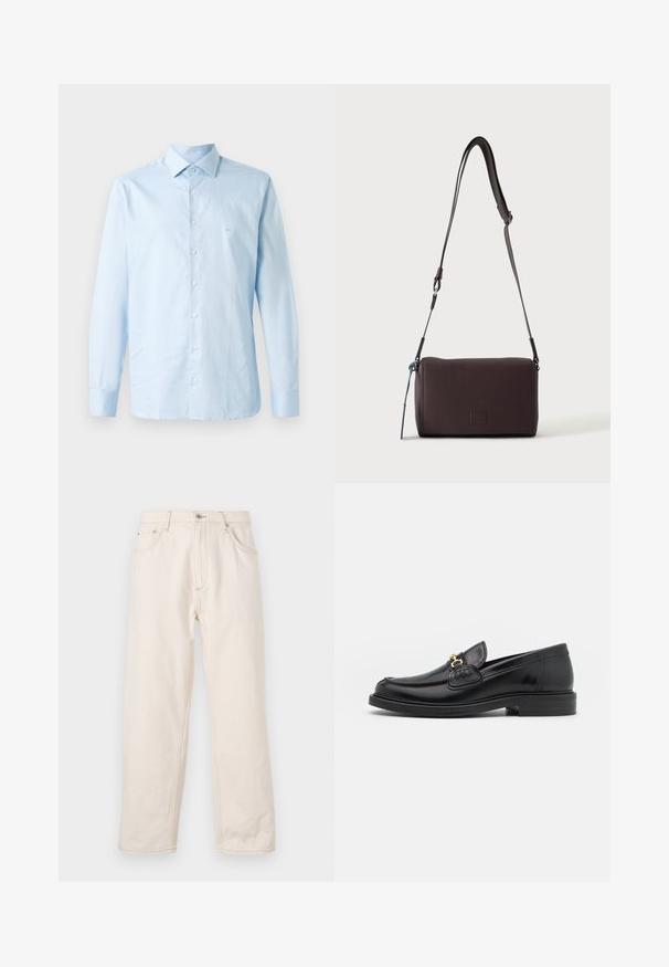 Camisa de manga larga azul claro hecha de algodón. Presenta un collar abotonado, una lista central de botones y un sutil acento de logo en el pecho.; Vaqueros rectos beige de mezclilla, con cierre de botón, cinco bolsillos y detalles de costura visibles. Textura suave.; Mocasines de cuero negro con punta redondeada, que cuentan con un detalle de herrajes dorados y costuras, situados sobre una suela de goma texturizada y baja.; Bolso bandolera de cuero marrón oscuro con textura, correa ajustable y pequeño adorno decorativo azul en el lateral.