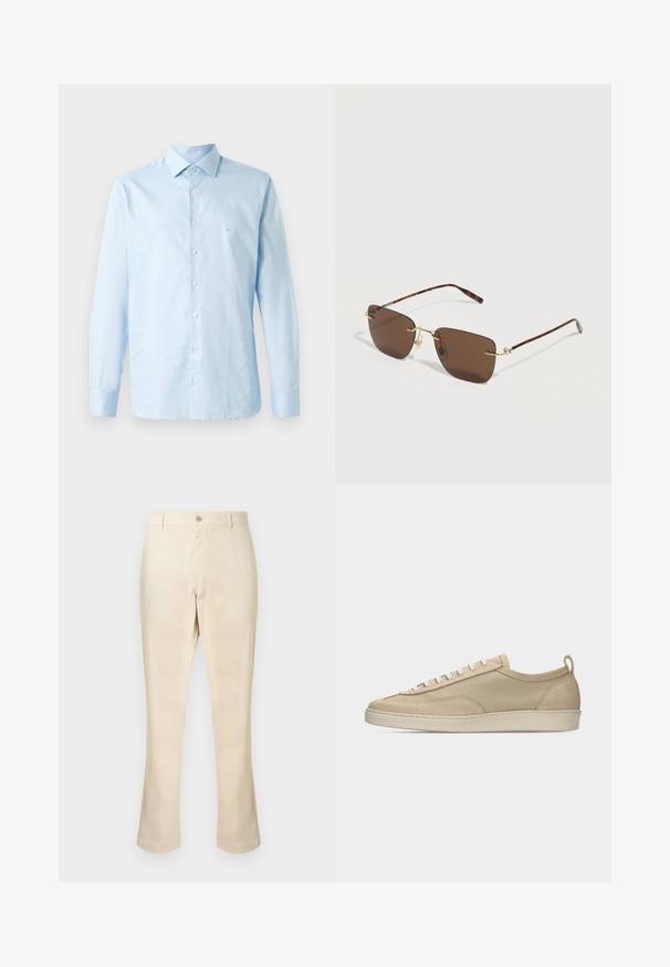 Lichtblauw langemouw overhemd van katoen. Voorzien van een button-down kraag, centrale knoopsluiting en een subtiele logo-accent op de borst.; Beige broek gemaakt van een gladde stof, met een recht model, een knoopsluiting aan de voorkant en zonder zichtbare patronen of accenten.; Beige lage sneaker met bovenwerk van stof en suède, witte veters, rubberen zool en een lus aan de hiel, afgebeeld in zijaanzicht op een witte achtergrond.; Rechthoekige, bruin getinte bril zonder montuur met een dunne gouden brug en pootjes met schildpadmotief, op een witte achtergrond.