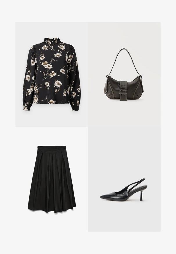 Sort langærmet bluse med høj samlet krave, prydet med et blomsterprint i hvid og beige, tekstureret stof og tætsiddende manchetter.; Sort plisseret midinederdel med høj talje, udvidet silhuet og blød stofstruktur.; Sort læderslagback højhælet sko med spids tå og slank hæl på en hvid baggrund.; Sort læder skuldertaske med spænde på remmen, afrundede kanter og kontrasterende hvide syninger på en ensfarvet baggrund.