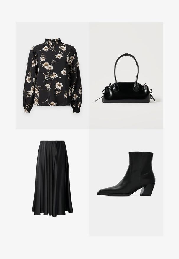 Blouse noire à manches longues avec un col haut froncé, ornée d'un motif floral en blanc et beige, en tissu texturé, et avec des poignets ajustés.; Jupe maxi noire en tissu lisse, dotée d'une taille élastique, d'une silhouette ample et d'un ourlet fluide sans motifs ni détails visibles.; Bottine en cuir noir avec un bout pointu, une silhouette élégante et un talon carré massif. Texture lisse avec des détails de couture minimalistes.; Petit sac à main noir brillant avec deux longues anses et des détails à cordon sur les côtés sur un fond clair uni.