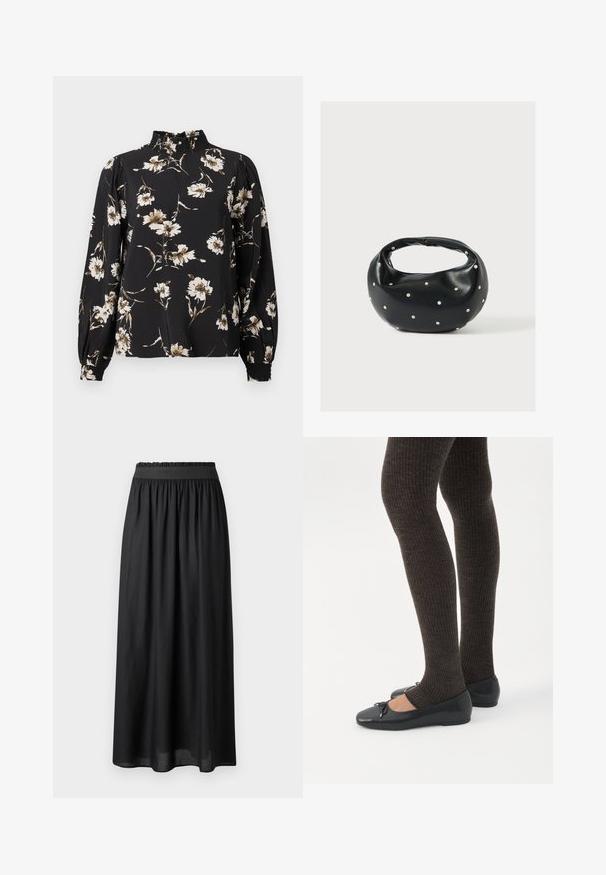 Blouse noire à manches longues avec un col haut froncé, ornée d'un motif floral en blanc et beige, en tissu texturé, et avec des poignets ajustés.; Jupe noire mi-longue en tissu léger, dotée d'une taille élastique et d'une silhouette fluide avec une texture douce.; Jambes portant des leggings côtelés foncés associés à des ballerines noires avec de petits détails en nœud sur fond blanc.; Sac à main en cuir noir de forme arrondie, décoré de clous argentés et équipé d'une poignée courte. Texture lisse et fermeture éclair.