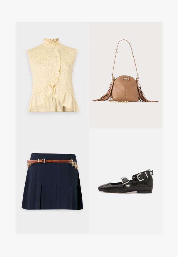 Blouse sans manches jaune clair avec col montant à volants, tissu smocké texturé et détail à volants le long du devant asymétrique et de l'ourlet.; Jupe plissée bleu marine avec une fine ceinture marron et des ornements floraux dorés sur les côtés.; Ballerine en cuir verni noir avec un bout carré, sangle de cheville avec des détails en métal argenté et semelle plate. Texture lisse avec un design minimaliste.; Petit sac à bandoulière en cuir fauve avec longue bandoulière, détail chaîne dorée et franges des deux côtés sur un fond neutre.