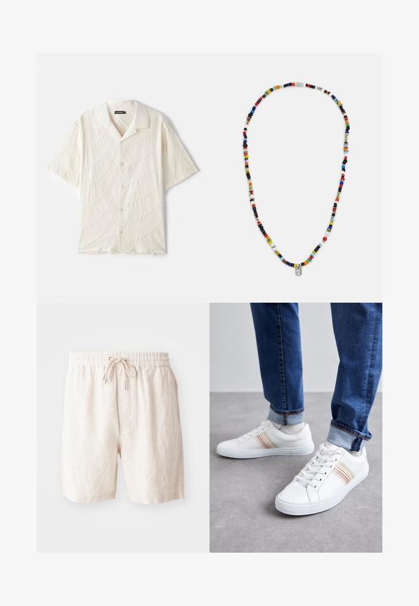 Kortærmet skjorte med knapper i off-white, der har et tekstureret stof med bølgelignende mønstre og en klassisk krave.; Beige linned-shorts med elastisk talje, justerbar snor og sidelommer. Blød tekstur med en afslappet pasform.; Hvide lædersneakers med multicolore striber, snørebåndsdesign, gummisål og polstret krave, parret med blå denimjeans.; Farverig perlekæde med varierede former og størrelser, med metalliske accenter og små dekorative charms. Overvejende multicoloreret.