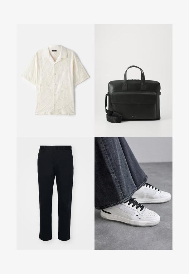 Kortærmet skjorte med knapper i off-white, der har et tekstureret stof med bølgelignende mønstre og en klassisk krave.; Sorte bukser med lige ben, lavet af et glat stof. Har en talje og bæltestropper, uden synlige lommer eller mønstre.; Hvide sneakers med sorte snørebånd og mesh-detaljer. Har en glat læderoverdel og en tekstureret gummisål. Bæres sammen med brede grå jeans.; Sort læder arbejdstaske med dobbelte top-håndtag, en lomme foran og en aftagelig rem, der har subtil branding i bunden.