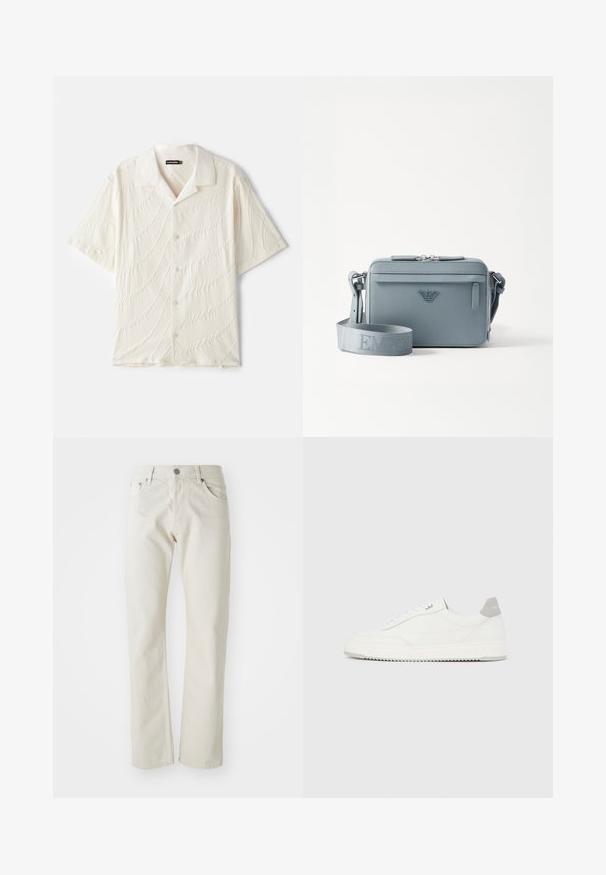 Kortærmet skjorte med knapper i off-white, der har et tekstureret stof med bølgelignende mønstre og en klassisk krave.; Lyse beige jeans lavet af bomuld, med lige ben design, fem-lommers styling og en sølv metalknap lukning.; Hvid lavtop-sneaker med gråt hælflig, hvide snørebånd og tekstureret sål, vist på en ensfarvet lys baggrund.; Blå struktureret crossover taske lavet af struktureret materiale, med lynlåslukning, forlommer og justerbar skulderrem med "EMPOR" branding.
